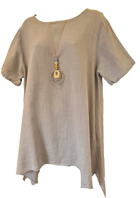Made In Italy Necklace Top grey cotton Short Sleeve Tunic One Size UK 12-18 - Image 1 of 4