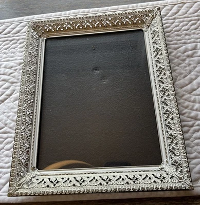 Vintage Filigree Metal Photo Frame Gold & White Lattice Hollywood Regency 8”x10” - Image 1 of 4