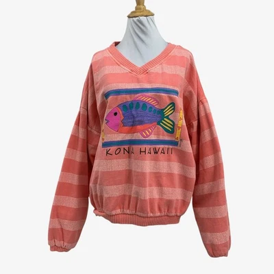 复古 Fresh Produce 卫衣女式 L 大号 Kona Hawaii V 领鱼条纹 — 第 1/4 张图片