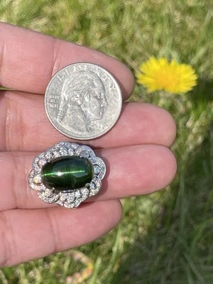 Anillo GIA Turmalina Verde Natural Ojo de Gato Ovalado 14.88Cts, Diamante 0.7ct, pt900 Foto 1 de 4