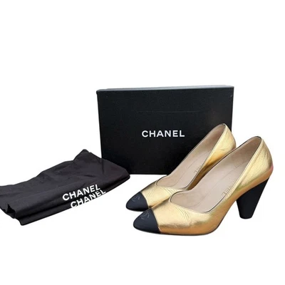 Chanel Gold Cap Toe Block Heel Pumps Shoes Italy 37.5 - Image 1 of 4