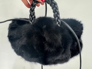 Vintage Handmade Genuine Black Mink Fur Small Handbag Purse Crossbody Woven Bag - Picture 1 of 22