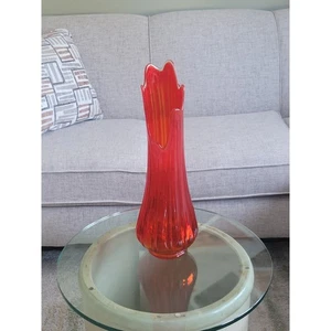 MCM große L E Smith Vase, rot Stretch geschwungen, gerippter klarer Rand, 19-7/8" - Bild 1 von 5