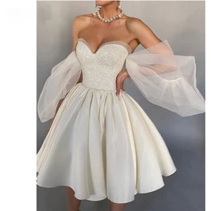 Glitter Satin A Line Wedding Dress Sweetheart Puff Sleeves Mini Sexy Bridal Gown - Picture 1 of 5