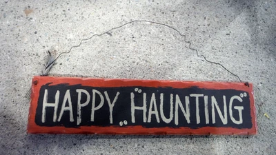 "HAPPY HAUNTING" Primitive Style Hand-Painted Sign Halloween Decor, 15" L - NEW - Image 1 of 4