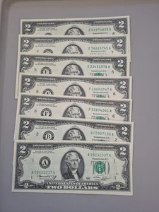 Seven CU 1976 $2 Dollar Bills Collection. Some Repetitive Serials. CRISP UNC - Picture 1 of 5