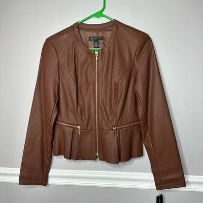 INC International Concepts Brown vegan Leather Jacket with Gold Zipper Peplum - Image 1 of 4