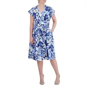 Jessica Howard blue floral knee length cap sleeve surplice neckline dress 14W - Picture 1 of 3