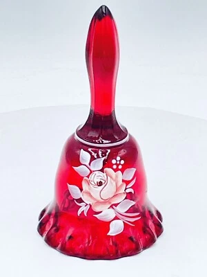 Vintage FENTON Art Glass Hand Painted Rose Ruby Glass BELL Ruffled 1982 Signed - Image 1 of 4