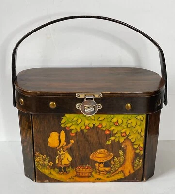 ¡¡ÚNICO!! DE COLECCIÓN AÑOS 70 BOHO CAJA MADERA CESTA BOLSA MONEDERO BIENVENIDA MANZANO DECOUPAGE Foto 1 de 4