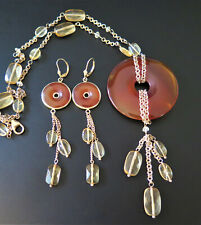 LUC GOLD GILT STERLING SILVER CARNELIAN DISK CITRINE NECKLACE EARRINGS SET