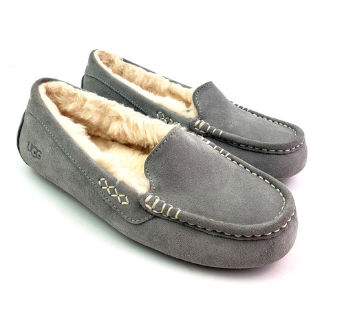 Ugg Ansley ciabatte mocassino donna taglia 7 grigio scamosciato comode pelle di pecora