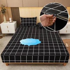 Black Checkered Mattress Cover - Waterproof Zippered Bedsheets Fitted Bed Sheets - Picture 1 of 30