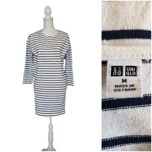 UNIQLO M Navy Blue White Striped Knit Tshirt Dress Knee-length Nautical Cotton - Picture 1 of 9