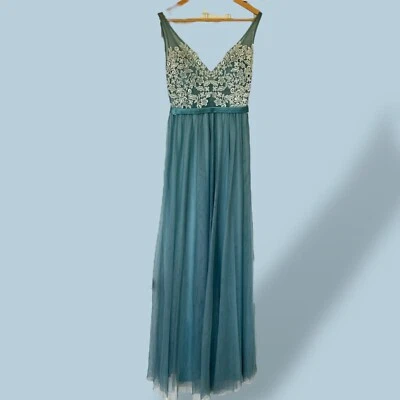 Women Evening Dress Blue Deep V-Neck Tulle Long Dress Party Prom Gown Size 6 - Image 1 of 4