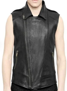 Classic Men’s Black Leather Vest Genuine Lambskin Sleeveless Moto Biker Jacket - Picture 1 of 4