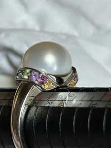 Sterling Silver 12mm Pearl Ring Citrine Peridot Amethyst Topaz Sz 10 7g - Picture 1 of 18