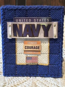 NAVY / MILITARY  NEW HANDMADE - TISSUE BOX COVER - PLASTIC CANVAS CUBE - Picture 1 of 7