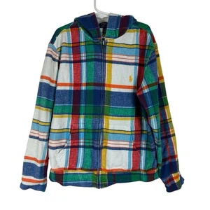 Polo Ralph Lauren Full Zip Hoodie Boys Medium Madras Plaid Pony Preppy Coastal - Picture 1 of 13