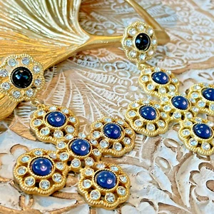 Brand NEW Vintage Gold Plated Resin Cross Dangle Earring Silver Post Blue - Picture 1 of 3