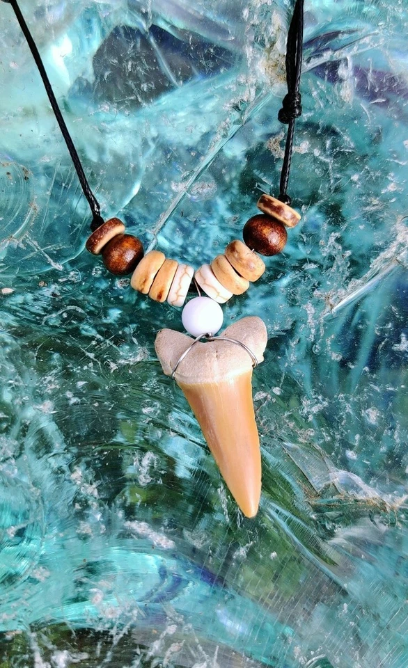 Haifischzahn Kette Surferkette Versteinerter Hai Zahn Handgemacht - Bild 1 von 1