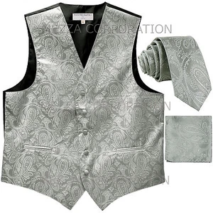 New Men's Vesuvio Napoli Paisley Tuxedo Vest 2.5" Skinny Necktie set Silver - Picture 1 of 4