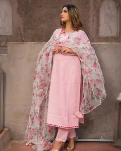 Indian Gotta Work Kurti Pent Floral Print Dupatta Classy 3Pc Suit Gift For Her - Picture 1 of 8