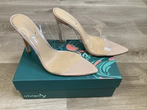 NIB Vivianly Women’s Clear Strap Pointed Toe High Heel Shoe Nude Beige Sz 8 NEW - Picture 1 of 8