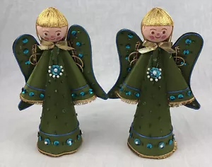 2 Christmas Angel Tree Topper Bead Sequin Green Gold Cardboard 7” Japan Vintage - Picture 1 of 11