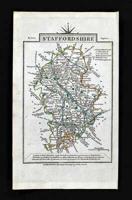 Mapa de ruta John Cary 1814 Staffordshire Birmingham Lichfield Newcastle Inglaterra Foto 1 de 3