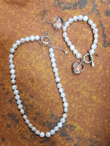 Fresh Water Pearl Necklace/Bracelet W/Crystal Heart 925 - Picture 1 of 10