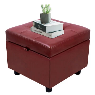 Tufted Leather Square Flip Top Storage Ottoman Cube Foot Rest Red with Storage - Image 1 of 4