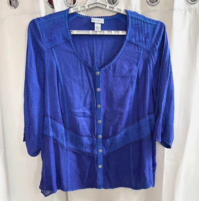 Top Catherines Mujer Talla 3X Azul Bordado Encaje Boho Rayón Manga 3/4 17831 Foto 1 de 4