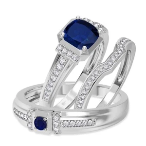 His & Her Trio Ring Set 1.50 Ct Blue Sapphire & Moissanite 14K White Gold Plated - Picture 1 of 16