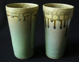 2~Tall~5.5"x3"~HAND THROWN~Drip Glaze~POTTERY~Tapered Tumblers~SIGNED~Handless - Picture 1 of 5
