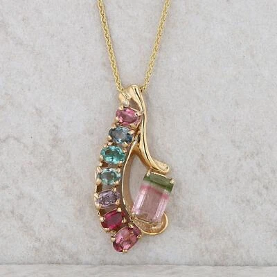 14k Yellow Gold Multi Colored and Watermelon Tourmaline Fanned Necklace - Image 1 of 4