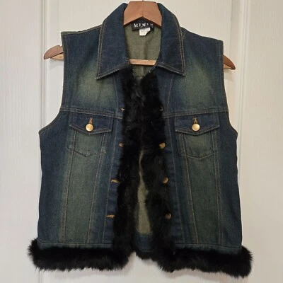 Vtg MIXIT Dark Denim Vest Black Rabbit Fur Trim Women’s Western Boho Chic -Small - Image 1 of 4