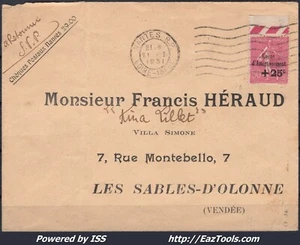 FRANCE N° 254 SEUL SUR LETTRE DE NANTES POUR LES SABLES D'OLONNE DU 21/01/1931 - Picture 1 of 2