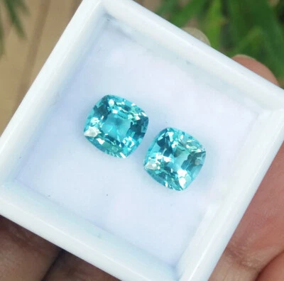 Pair_7x7mm. CUSHION NEON BLUISH GREEN PARAIBA TOURMALINE LOOSE GEMs TOP COLOR - Image 1 of 4