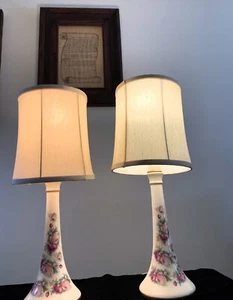 2 SLIM TALL TABLE LAMPS ELECTRIC VINTAGE HANDPAINTED ROMANTIC DELICATE PORCELAIN - Picture 1 of 19