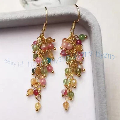 4mm Natural Multicolor Tourmaline Round Gemstone Beads Cluster Dangle Earrings - Image 1 of 4