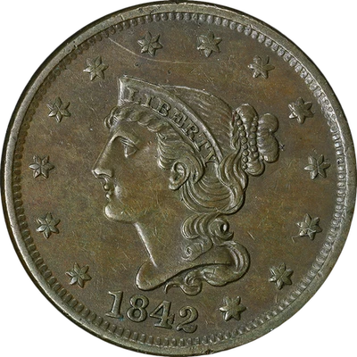 1842 Large Cent 'Large Date' Choice AU+ Superb Eye Appeal Strong Strike - Image 1 of 2