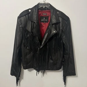 Vintage Berman's Women’s Leather Fringe Black Jacket Large 80’s Western Biker - Picture 1 of 11