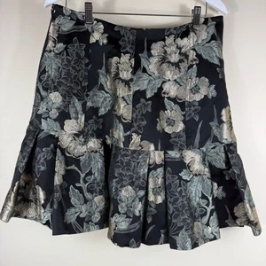 Cue city Size 14 Printed Satin Mini Skirt pleated metallic floral office BLACK - Bild 1 von 4