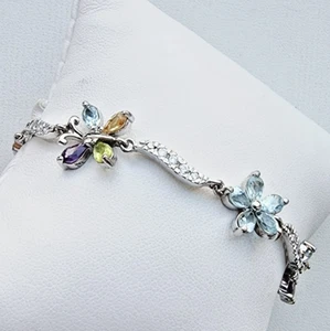 DL 925 STERLING SILVER MULTI GEMSTONES BUTTERFLIES AND FLOWER TENNIS BRACELET - Picture 1 of 12