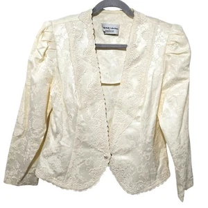 1980s Vintage Ivory Lace Embroidered Faux Pearl USA Made Cropped Blazer Size 12 - Picture 1 of 14