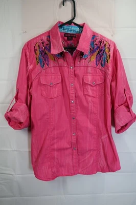 Rock & Roll Cowgirl Pearl Snap Button Shirt Hot Pink Aztec Long Sleeve Size XL - Image 1 of 4