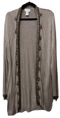 Cárdigan abierto largo gris Soft Surroundings para mujer 2X mezcla de seda con detalles de joyas Foto 1 de 4