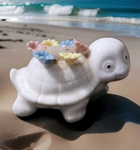 Vtg White Ceramic Porcelain Happy  Turtle  Pin Cushion Applied  Pastel Flowers  - Picture 1 of 9