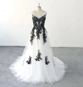 2025 Gothik Ivory Weiß Schwarz Brautkleid Hochzeitskleid n.Maß Träger Übergröße - Bild 1 von 8